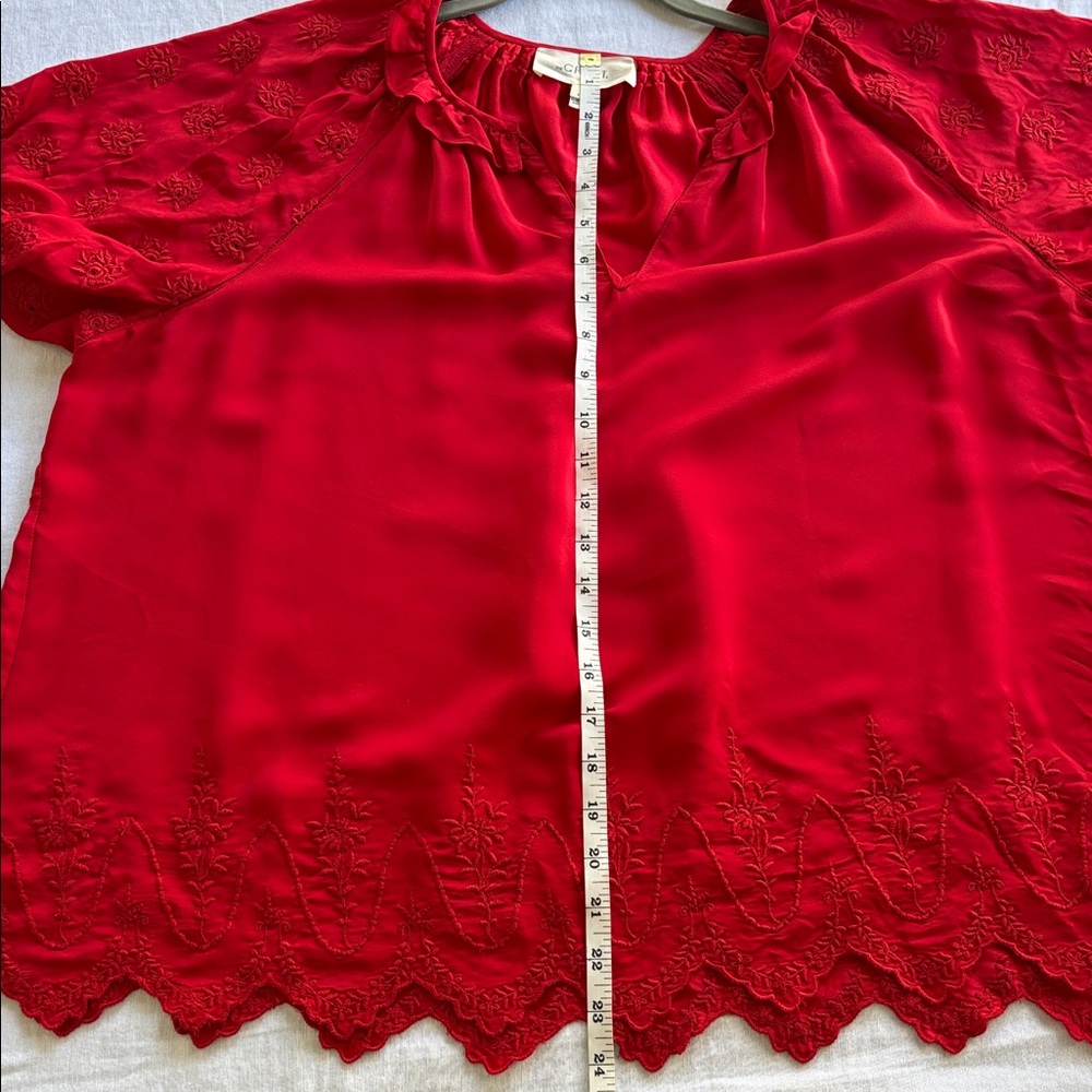 THE GREAT. Vibrant Red Silk Embroidered Floral Design Peasant Short Sleeve Top - Picture 10 of 12